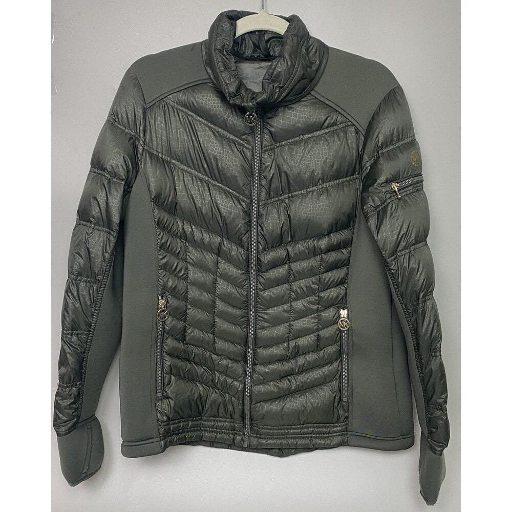 Michael Kors MK Women’s Quilted Puffer Jacket Green Croc Print Gold Zip Size L